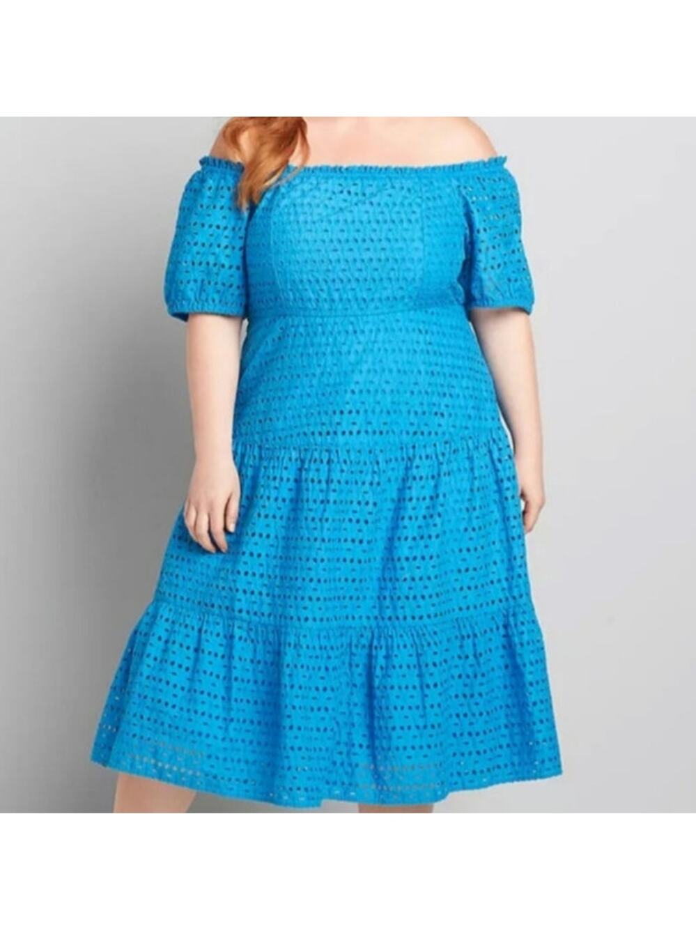 22 petite Lane Bryant cottagecore blue eyelet lace midi dress, square neckline